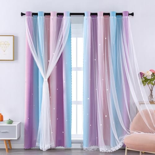 XiDi Kids Curtains for Bedroom Girls Rainbow Blackout Pink Curtains Purple Princess Room Decor 52 Inch Wide 2 Panels