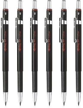rOtring Druckbleistift 300, 2,0 mm, nachfüllbar mit Spitzer unter Kappe, Schwarz, 6 Stück