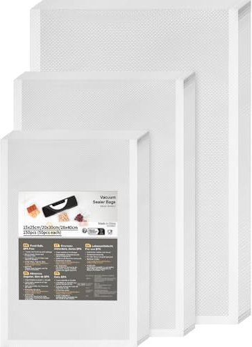 15x25cm/20x30cm/28x40cm (150 Bags) Vacuum Sealer Bags, Commercial Grade Textured Vacuum Food Sealer Bags, BPA Free, Great for Vac Storage & Sous Vide Cooking & Boiling Microwaving