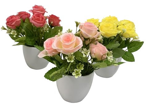 Generisch Lot de 3 roses artificielles colorées avec pots - 15 cm - Plante artificielle - Palmier d'éventail - Grand palmier artificiel - Arbre de fougère Monstera - Multicolore - Décoration