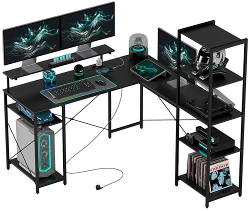 HOMCOM Schreibtisch Gaming Tisch L Form mit Regal, Computertisch mit Monitorständer, Steckdose, USB-Ladeanschluss Eckschreibtisch für Heimbüro, Schlafzimmer, 137 x 140 x 139,5 cm Schwarz