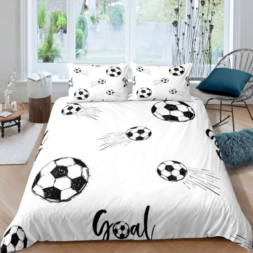 richhome Garçon Football Parure de Lit Sport thème Ensemble de literie Enfants Football Pattern Housse de Couette 200x200cm Enfants Hommes Noir Blanc Literie Set