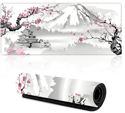 Gaming musmatta XXL 900x400 mm vit körsbärsblom | Halkfri matta för PC och MacBook i japansk stil. Stor för kontor och spel