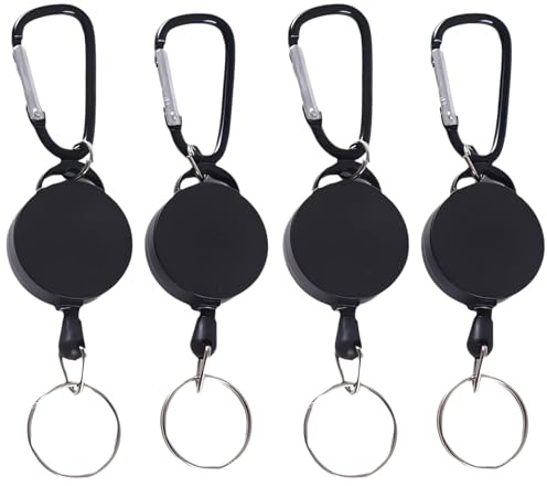 SiumPklay 4-Pack Retractable Keychain, Heavy Duty Extendable Key Holder with Nylon Rope, Durable Badge Reel for Keys, ID Cards, and Office Supplies (Black)