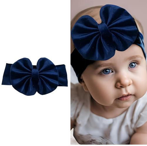 Fascetta per Capelli Neonata con Fiocco in Velluto-Fascia per capelli Bambina (da 3 a 18 mesi) (Blu navy, Da 3 a 18 mesi)