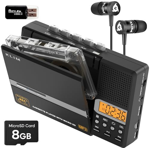 KLIM K10 Portable Cassette Tape Player & Tape Recorder, Cassette to MP3 Converter + Built-in Microphone & Speaker + USB PC Transfer + Battery/USB Powered + 8GB SD Card + Earphones