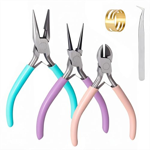 Pinze per Creazione Gioielli 3 Pezzi Pinze a Naso Rotondo/Catena/Tagliafili con Apri Anelli a Molla e Pinzette per Riparazione e Creazione di Bigiotteria