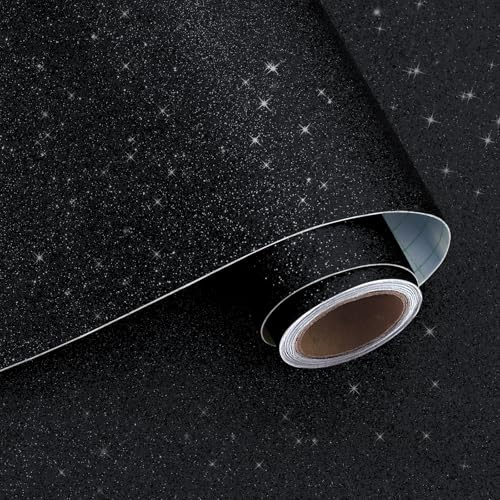 VaryPaper Papel tapiz autoadhesivo con purpurina negra, 40 x 200 cm, papel adhesivo extraíble con lentejuelas para muebles, papel pintado negro de plástico negro para dormitorio, pasillo, armario