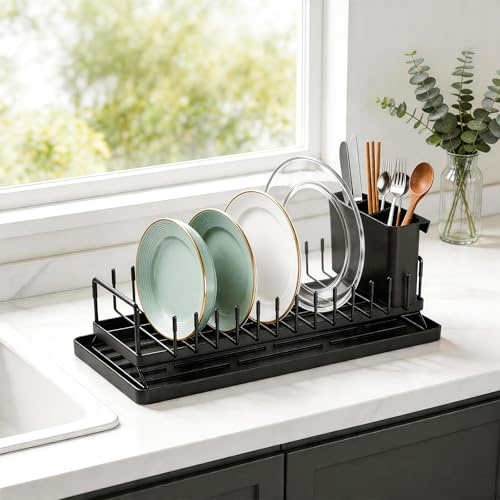 Zocipro Escurreplatos Compacto de Acero Inoxidable con Alfombrilla de Silicona y Organizador de Cubiertos – Pequeño y Ahorra Espacio para Encimera, para Apartamentos, Caravanas y Cocinas