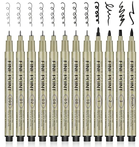 YIPFEN Rotuladores Fineliner Negros, 12 Unidades. Tinta China Resistente al Agua para Dibujo, Ilustración y Bocetos Precisos.