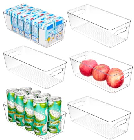 Vtopmart Narrow Clear Plastic Storage Boxes for Kitchen Cupboard 6Pack | BPA-Free, Pantry Drawer Organizers, Bathroom Storage Basket, Fridge Storage Containers with Handle
