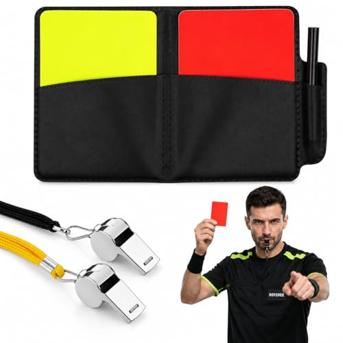 ARYIMYDP Silbato de árbitro de acero inoxidable con cordón negro/amarillo y caja + tarjetas amarilla/roja, silbato profesional para fútbol, entrenamiento, clases deportivas y adiestramiento canino