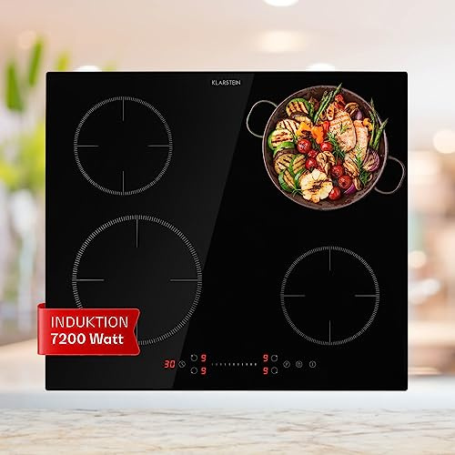 Klarstein Piano Cottura Elettrico Vetroceramica, Piano Cottura Elettrico 4 Fuochi Moderno, Piano Cottura Elettrico 4 Piastre 7200W Integrato, Piano Cottura Vetroceramica Elettrico Touch con Timer