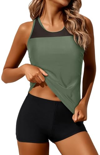 Yonique dam Tankini Baddräkt i två delar | Avtagbara kuddar för att forma bröstet, göm mittdelen över draperat tyg, boycut träd för aktiv