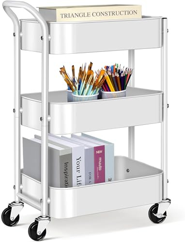 MISSLO Utility Cart 3 Tier Rolling Cart with Wheels and Handle, Under Desk 27 Height Small Metal Storage Trolley Organizer Rack Shelf, Mobile Book Art Cart for Office, Kitchen, Bathroom (White)