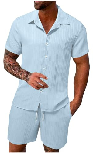 FZKun Tenues Estivales 2 Pièces Pour Hommes Pour Les Vacances - Chemises Cubaines à Manches Courtes En Coton Et Lin à Boutons Pour La Plage Hawaïenne Et Shorts Assorti De Survêtement (Bleu clair,M)