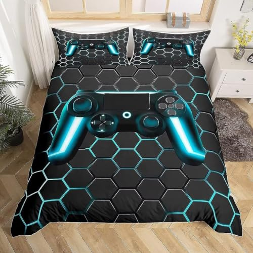 Tabeskly Boy Black Blue Gaming Bedding Duvet Cover Set Single, Kids Gamepad Gamer Soft Zipper Childrens Full Bed 3 Piece Quilt Covers and Pillowcases 135×200cm