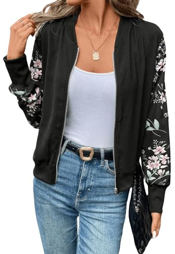 GORGLITTER Veste Bomber pour Femme - Col de Baseball - Veste d'Automne et d'Aviateur - Veste de Transition avec Fermeture Éclair, Noir, S