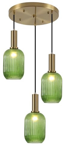 KCO Éclairage vert en forme de grappe de verre - Lustre à 3 lumières - Lustre en laiton doré - Suspension moderne du milieu du siècle