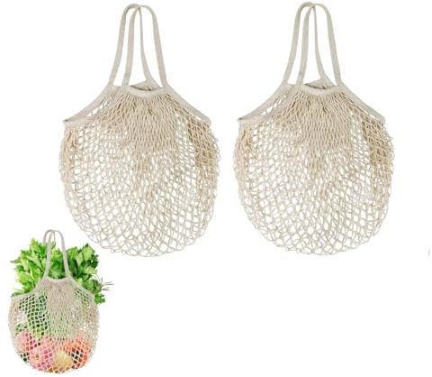 Shirene Bolsas de Malla Compra,2 de Bolsa de Compra de Red de Algodón con Mango,Bolsas de Compras de Hilo de algodón Lavables y Reutilizables producen para Almacenamiento de Frutas y Verduras（Beige）