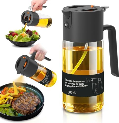 VOMEP 2-in-1 Oil Sprayer for Cooking, 500ml Glass Olive Oil Sprayr & Pourer,Continuous Spray with Portion Control,for Kitchen, Air Fryer, Salad, BBQ(Black)