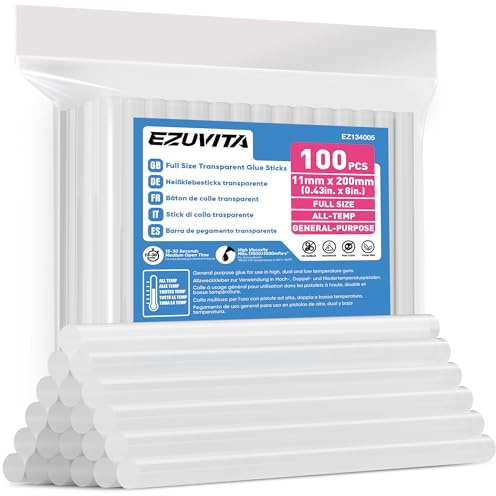 EZUVITA Lot de 100 Bâtons de Colle Chaude Pleine Taille, 11 x 200mm, Bâtonnets de Colle Transparents Universels pour Pistolet à Colle Chaude, Idéal pour Bricolage, Artisanat, Loisir