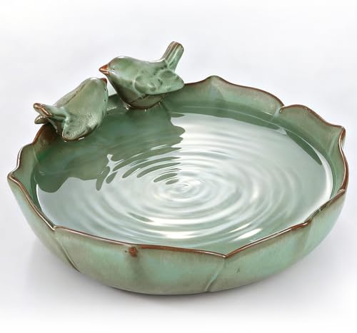 XIYOUQI Baignoire pour oiseaux en céramique pour l'extérieur – 24,9 cm – Bol de bain pour oiseaux vert robuste uniquement, mangeoires à oiseaux au sol et gamelle d'eau pour oiseaux, jardin, patio