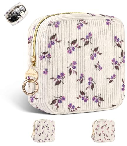 Petite Trousse Maquillage Femme Mini Trousse de Toilette Fille Voyage en Velours Côtelé Petit Pochette Maquillages Multifonctionnel Sac Rangement à Cosmétique Idéal Cadeau Anniversaire Noël(Beige)