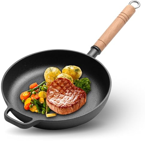 RANJIMA Gusseisenpfanne, Ø27cm Eingebrannte Feuerfeste Gusseisen Pfanne Ohne Beschichtung Gusspfanne mit Holzgriff, Gusseisen Bratpfanne Induktion Grillpfanne Cast Iron Pan für Alle Herdarten Geeignet