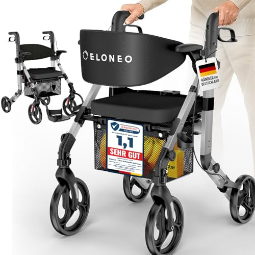 ELONEO Sedia a Rotelle Rollator 2 in 1 Pieghevole e Leggero con Seduta, Rollator da Esterno Pieghevole e Leggero per Tutti i Terreni, Deambulatore in Alluminio, Sedia a Rotelle da Trasporto, argento
