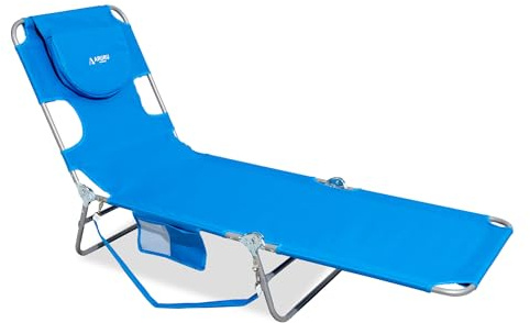 ARURU Beach Lounge Chair, Outdoor Chaise Lounger with Face Hole, 5-Position Reclining Beach Chair Face Down Tanning Chair with Carry Strap,Side Pocket, Portable Camping Cot for Patio,Poolside