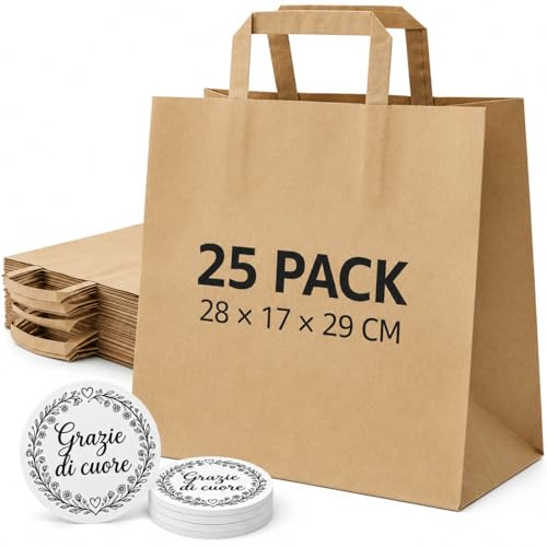 Zm Market hsl Sacchetti di Carta con Manici 25 Pezzi – Shopper Carta Kraft Robusti 80g PAP 22, Misura Extra Large 28×17×29 cm, con Adesivi Decorativi Inclusi