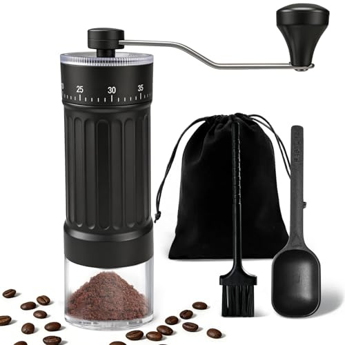 FeinKulturia Macinacaffè Manuale, Coffee Grinder con 40 Regolazioni, Macinino Portatil con Misurino, Spazzolina per la Pulizia e Sacchetto, per la Preparazione di Espresso e Caffè pour-over