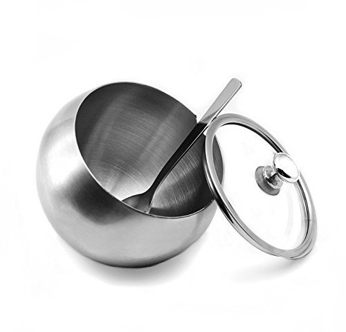 YOCZOX Stainless Steel Sugar Bowl, Small Sugar Bowl with Glass Oblique Opening Lid and Sugar Spoon for Home, Kitchen, Hotel and Cafes, 300 ML (10.5 OZ/ 1.25 Cup)