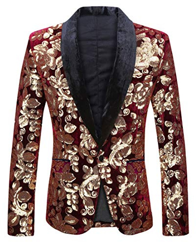 PYJTRL Blommig kavaj i sammet med paljetter för män, moderiktig blazer, 3XL