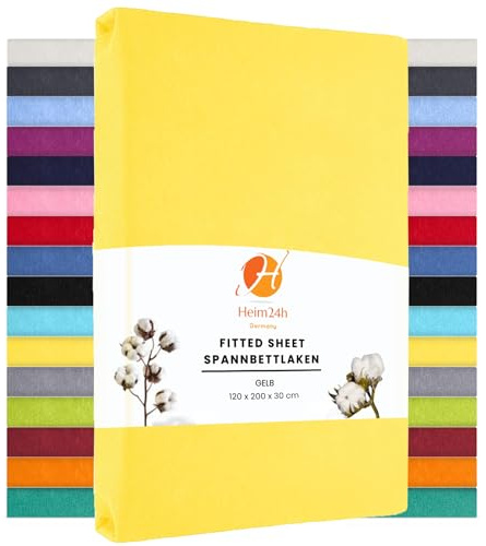 Heim24h Spannbettlaken 120x200cm bis 30 cm, Gelb, 100% Baumwolle Bettlaken, Öko Tex Zertifiziert Jersey Spannbetttuch