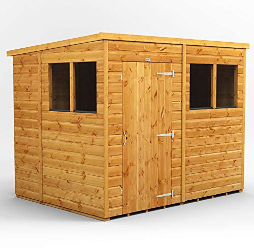 POWER High Grade Premium Pent Garden Wooden Shed with Security Features, Door & Window Flexibility, made from Extra Thick Timber & Toughened Glass - (8 x 6)