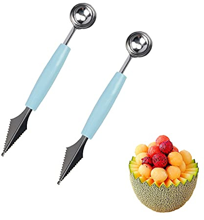 2 Pack Melon Baller Scoop,Stainless Steel Fruit Decoration Carving Knife,Melon Watermelon Cantaloupe Ice Cream Sorbet Dessert Dual Function Ball Spoon for Kitchen Tools