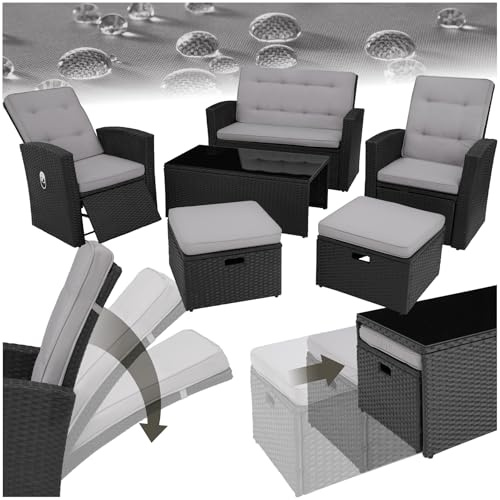 tectake® Conjunto Jardín de Ratán con Pies y Respaldo Ajustable, Muebles Jardín Exterior 1 Sofá, 2 Sillones, 2 Taburetes, 1 Mesa con Cristal, Conjunto Terraza con Cojines y Fundas Extraíbles - Gris