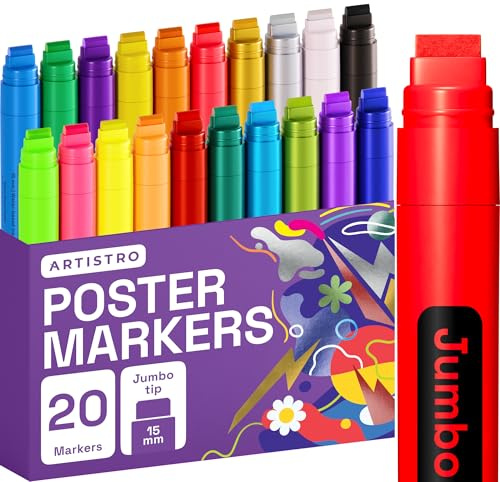 Artistro 20 Jumbo Markers, Acrylic Markers con 15mm Jumbo Pennello in Feltro per Rock, Legno, Tela, Ceramica, Vetro e Altro - Pennarelli Acrilici per Murales, Poster, Quaderni per Disegni, Calligrafia