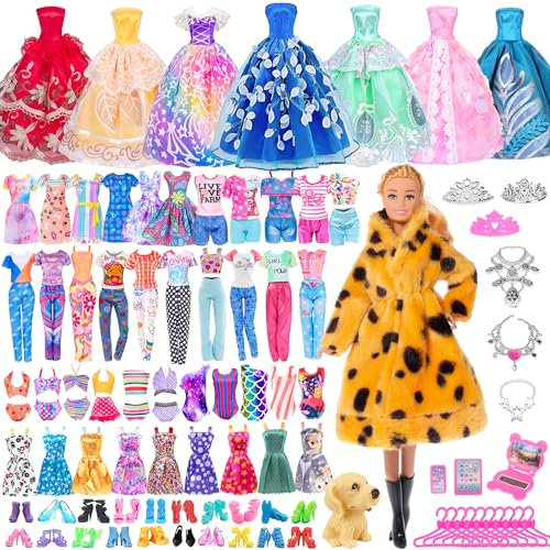 50pcs 11.5 Zoll Mode Mädchen Puppe mit Puppe Kleidung Zubehör Spiel Set Include 1 Puppe, 1 Pelzmantel,2 langes Hochzeitskleid,Outfits Schlupf Kleid Set and 30 Accessories (einschließen Puppe)