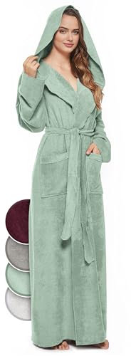 jazzylab Bademantel Damen mit Kapuze extra lang 100% Baumwolle (340 gm²), Mint hell, L