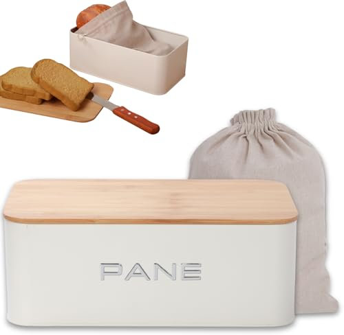 KOOK TIME Boîte à Pain en Métal avec Couvercle en Bambou – Huche à Pain Ventilée – Design Moderne – Inclut Sac à Pain en Coton – 34x19x12.5 cm. - Blanc Mat