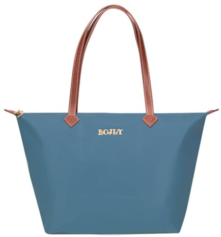 BOJLY Bolsa de mano impermeable de gran capacidad para mujer, bolsa de compras plegable y reutilizable para viajes, escuela y trabajo, bolsa de hombro ligera y plegable (azul pavo real)
