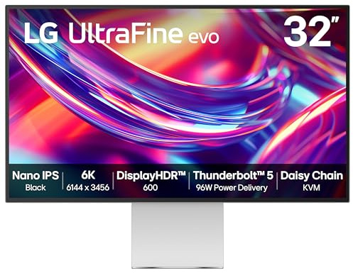 LG UltraFine evo 32U990A-S - 6K (6144 x 3456p) Nano IPS Black 32 Inch, 60Hz, 5ms GtG, DCI-P3 98%, Adobe RGB 99.5%, HDR 600, MAC compatitble, Speakers, Thunderbolt 5, HDMI 2.1, DP2.1, Silver