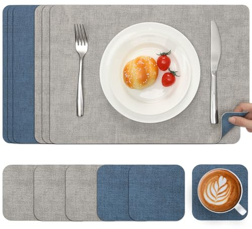 Myir JUN Table Mats Placemats and Coaster Sets 6 Place Mats for Table | Dual-Sided Faux Leather Table Mats Heat-Resistant Waterproof Non-Slip 43 x 30 cm for Kitchen Dining (Light Grey Navy Blue)