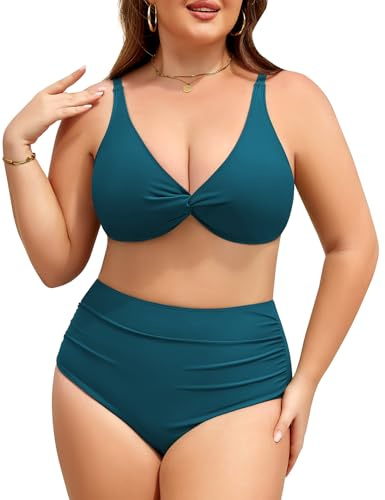 Svanco Bikini dam set stora storlekar hög midja bikinis magen väg push up tvådelat badkläder med kupa, Påfågelsblå, XXL plus size