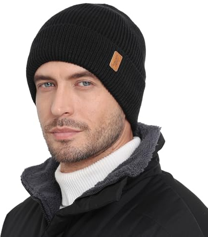 Wmcaps Merino Wool Fleece Lined Beanie Winter Hats for Men Women, Warm Thermal Kint Cap for Outdoor Black