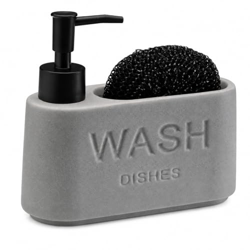 Dispenser Sapone Cucina con Porta Spugna, Dispenser Detersivo Piatti con Spugnetta, in Ceramica Effetto Pietra, Design Moderno per Lavello Cucina e Bagno (Grigio Effetto Pietra)