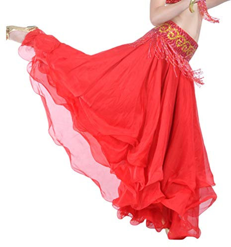 Femme Couleur Unie Jupe Longue Danse du Ventre,Trois Couches Chiffon Jupe De Curling Grande Swing Jupe Rouge/Pas de Ceinture Taille:70-90CM